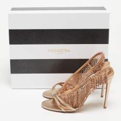 Pre Owned Aquazzura Metallic Gold Leather Embellished Ankle Strap Slingback Sandals Size 37