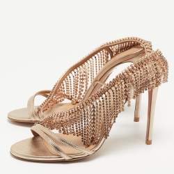 Pre Owned Aquazzura Metallic Gold Leather Embellished Ankle Strap Slingback Sandals Size 37