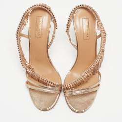 Pre Owned Aquazzura Metallic Gold Leather Embellished Ankle Strap Slingback Sandals Size 37