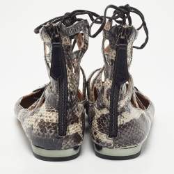 Pre Owned Aquazzura Two Tone Snakeskin Belgravia Ankle Tie Flats Size 36.5