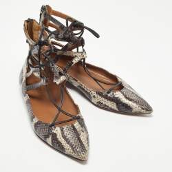 Pre Owned Aquazzura Two Tone Snakeskin Belgravia Ankle Tie Flats Size 36.5