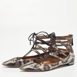 Pre Owned Aquazzura Two Tone Snakeskin Belgravia Ankle Tie Flats Size 36.5