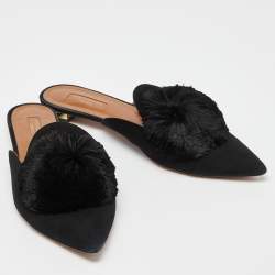 Pre Owned Aquazzura Black Suede Powder Puff Pom Pom Mules Size 39.5