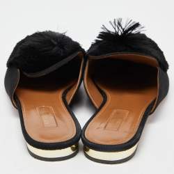 Pre Owned Aquazzura Black Suede Powder Puff Pom Pom Mules Size 39.5
