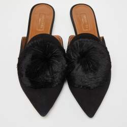 Pre Owned Aquazzura Black Suede Powder Puff Pom Pom Mules Size 39.5