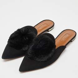 Pre Owned Aquazzura Black Suede Powder Puff Pom Pom Mules Size 39.5