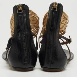Pre Owned Aquazzura Black/Gold Leather T-Straps Flat Sandals Size 36
