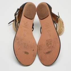 Pre Owned Aquazzura Black/Gold Leather T-Straps Flat Sandals Size 36