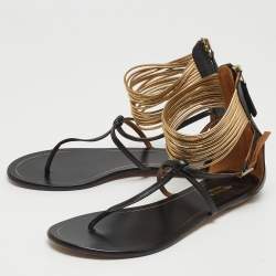 Pre Owned Aquazzura Black/Gold Leather T-Straps Flat Sandals Size 36