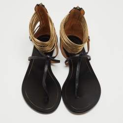 Pre Owned Aquazzura Black/Gold Leather T-Straps Flat Sandals Size 36