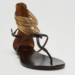 Pre Owned Aquazzura Black/Gold Leather T-Straps Flat Sandals Size 36