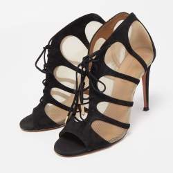 Aquazzura Black Lace And Suede Lace Up  Booties Size 36.5