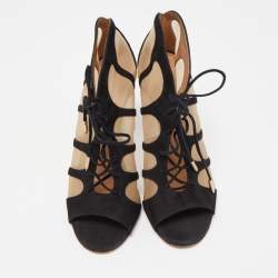 Aquazzura Black Lace And Suede Lace Up  Booties Size 36.5