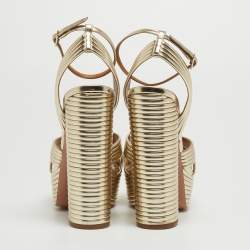 Pre Owned Aquazzura Metallic Gold Foil Leather Nathalie Platform Ankle Wrap Sandals Size 38.5