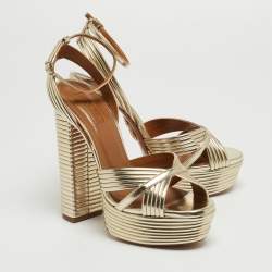 Pre Owned Aquazzura Metallic Gold Foil Leather Nathalie Platform Ankle Wrap Sandals Size 38.5