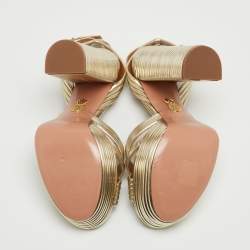 Pre Owned Aquazzura Metallic Gold Foil Leather Nathalie Platform Ankle Wrap Sandals Size 38.5