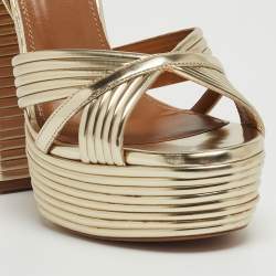 Pre Owned Aquazzura Metallic Gold Foil Leather Nathalie Platform Ankle Wrap Sandals Size 38.5