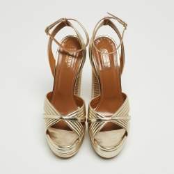 Pre Owned Aquazzura Metallic Gold Foil Leather Nathalie Platform Ankle Wrap Sandals Size 38.5