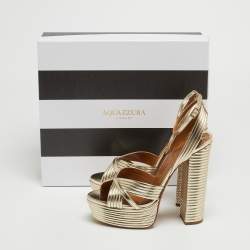 Pre Owned Aquazzura Metallic Gold Foil Leather Nathalie Platform Ankle Wrap Sandals Size 38.5