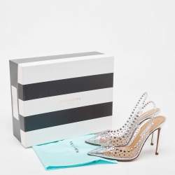 Pre Owned Aquazzura Silver PVC Stardust Embellished Slingback Pumps Size 38