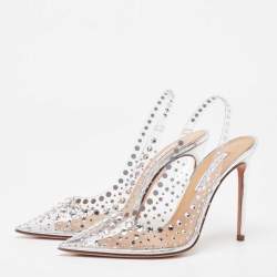 Pre Owned Aquazzura Silver PVC Stardust Embellished Slingback Pumps Size 38