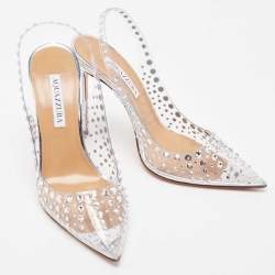 Pre Owned Aquazzura Silver PVC Stardust Embellished Slingback Pumps Size 38