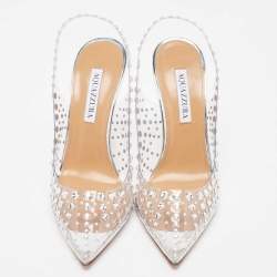 Pre Owned Aquazzura Silver PVC Stardust Embellished Slingback Pumps Size 38