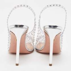 Pre Owned Aquazzura Silver PVC Stardust Embellished Slingback Pumps Size 38