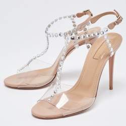 Pre Owned Aquazzura Beige PVC and Leather Crystal Embellished T-Strap Sandals Size 37