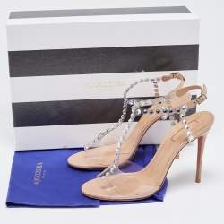 Pre Owned Aquazzura Beige PVC and Leather Crystal Embellished T-Strap Sandals Size 37