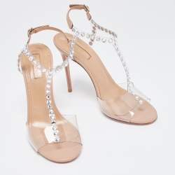 Pre Owned Aquazzura Beige PVC and Leather Crystal Embellished T-Strap Sandals Size 37