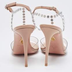 Pre Owned Aquazzura Beige PVC and Leather Crystal Embellished T-Strap Sandals Size 37