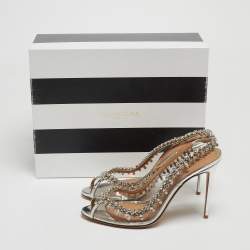 Pre Owned Aquazzura Silver PVC and Leather Temptation Crystals Embellished Slingback Sandals Size 40.5