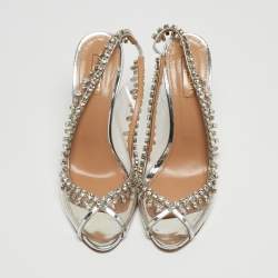 Pre Owned Aquazzura Silver PVC and Leather Temptation Crystals Embellished Slingback Sandals Size 40.5