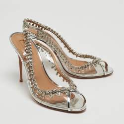 Pre Owned Aquazzura Silver PVC and Leather Temptation Crystals Embellished Slingback Sandals Size 40.5