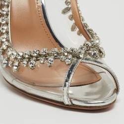 Pre Owned Aquazzura Silver PVC and Leather Temptation Crystals Embellished Slingback Sandals Size 40.5