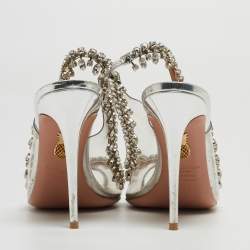 Pre Owned Aquazzura Silver PVC and Leather Temptation Crystals Embellished Slingback Sandals Size 40.5