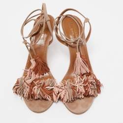 Pre Owned Aquazzura Beige Suede Wild Thing Fringe Ankle Wrap Block Heel Sandals Size 38