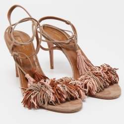 Pre Owned Aquazzura Beige Suede Wild Thing Fringe Ankle Wrap Block Heel Sandals Size 38