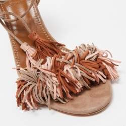 Pre Owned Aquazzura Beige Suede Wild Thing Fringe Ankle Wrap Block Heel Sandals Size 38