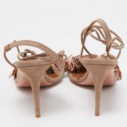Pre Owned Aquazzura Beige Suede Wild Thing Fringe Ankle Wrap Block Heel Sandals Size 38