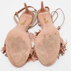 Pre Owned Aquazzura Beige Suede Wild Thing Fringe Ankle Wrap Block Heel Sandals Size 38