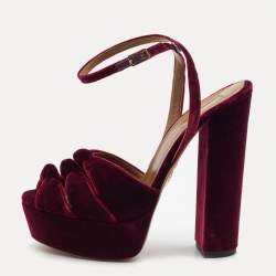 Pre Owned Aquazzura Burgundy Velvet Mira Platform Ankle Wrap Sandals Size 38.5