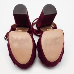Pre Owned Aquazzura Burgundy Velvet Mira Platform Ankle Wrap Sandals Size 38.5