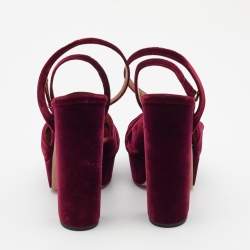 Pre Owned Aquazzura Burgundy Velvet Mira Platform Ankle Wrap Sandals Size 38.5