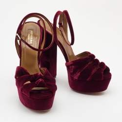 Pre Owned Aquazzura Burgundy Velvet Mira Platform Ankle Wrap Sandals Size 38.5