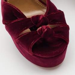 Pre Owned Aquazzura Burgundy Velvet Mira Platform Ankle Wrap Sandals Size 38.5