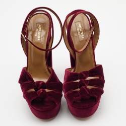 Pre Owned Aquazzura Burgundy Velvet Mira Platform Ankle Wrap Sandals Size 38.5