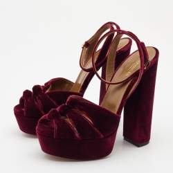 Pre Owned Aquazzura Burgundy Velvet Mira Platform Ankle Wrap Sandals Size 38.5