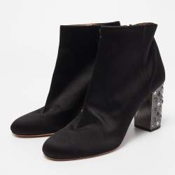 Pre Owned Aquazzura Black Satin Party Embellished Heel Ankle Boots Size 41